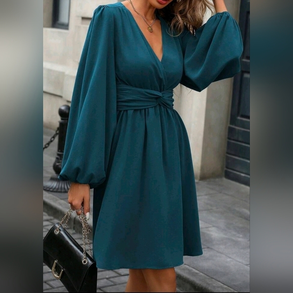 New Flowy Lantern Long Sleeve Twist Waist Short Dress Teal Blue Green - Picture 3 of 9